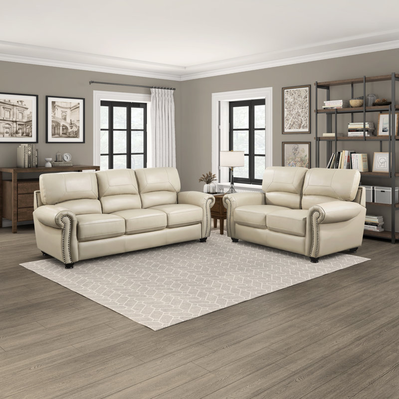 Neoga 2 Piece Genuine Top Grain Leather Roll Arm Living Room Set Darby Home Co Body Fabric Cream Leather Match